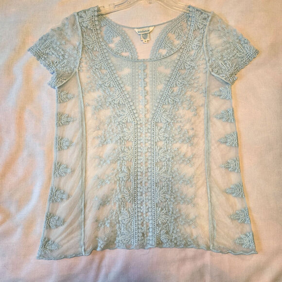 Sz Med SUNDANCE Light Blue Embroidered Mesh Blouse - Picture 3 of 7